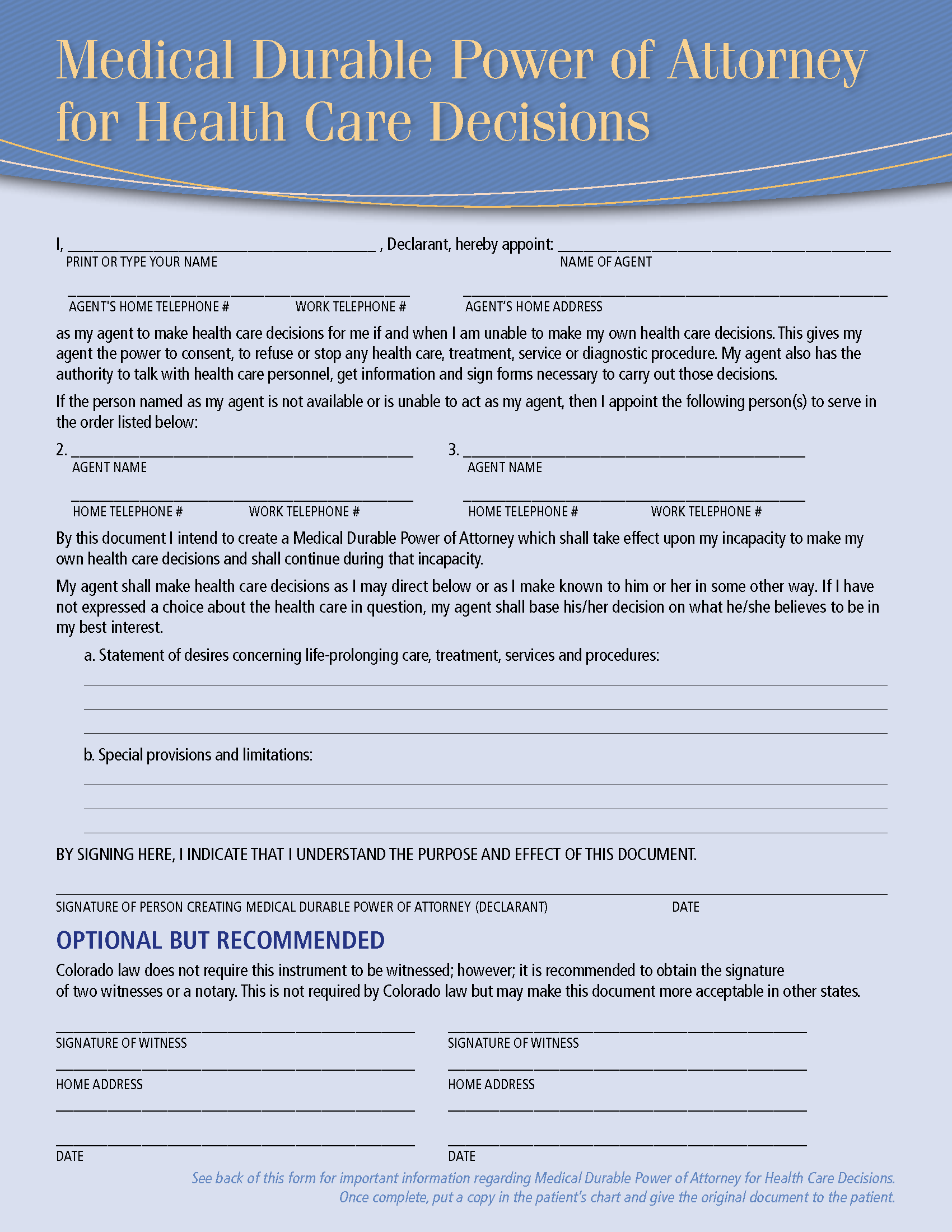 Free Colorado Advance Directive Form (Medical POA + Living Will) PDF