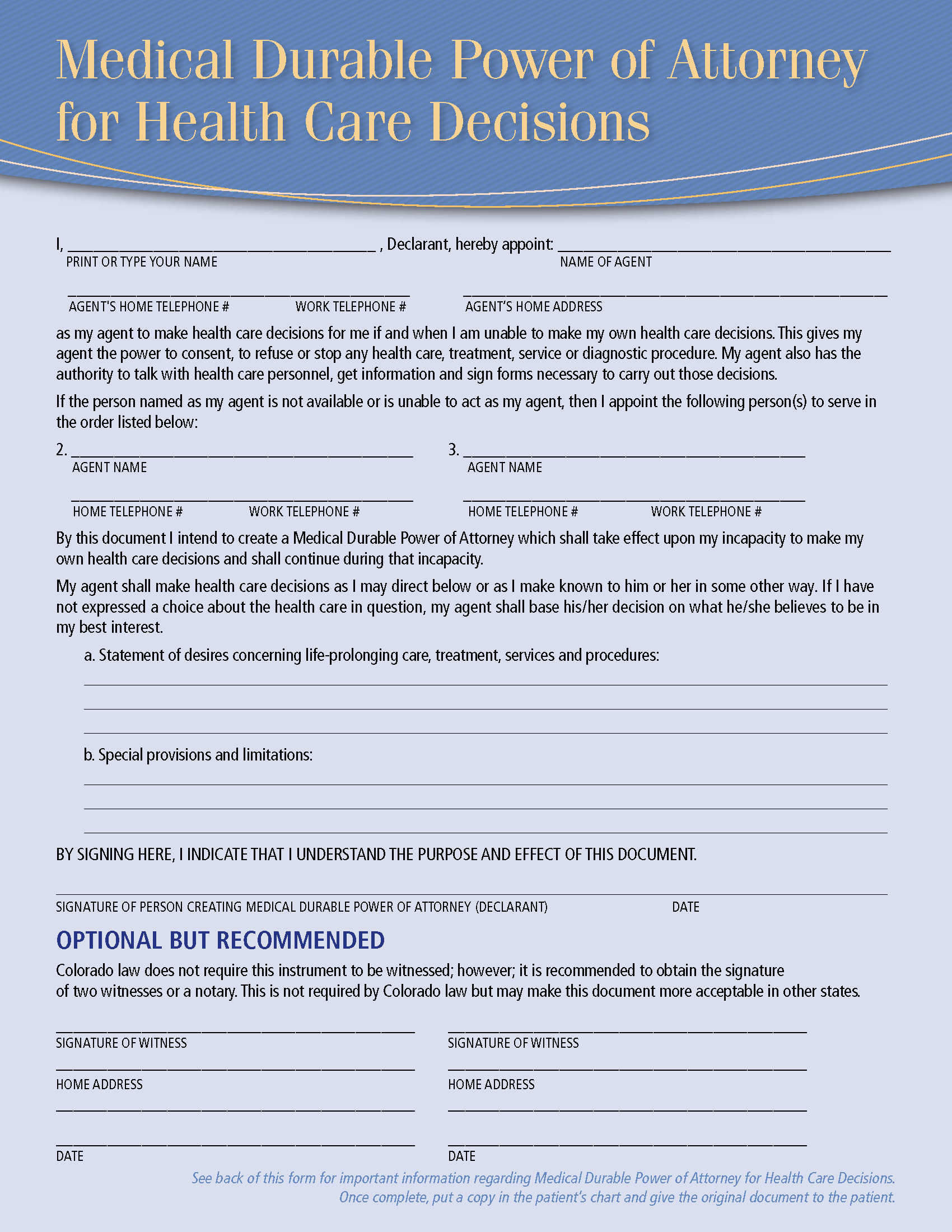 Free Colorado Advance Directive Form Medical POA Living Will PDF