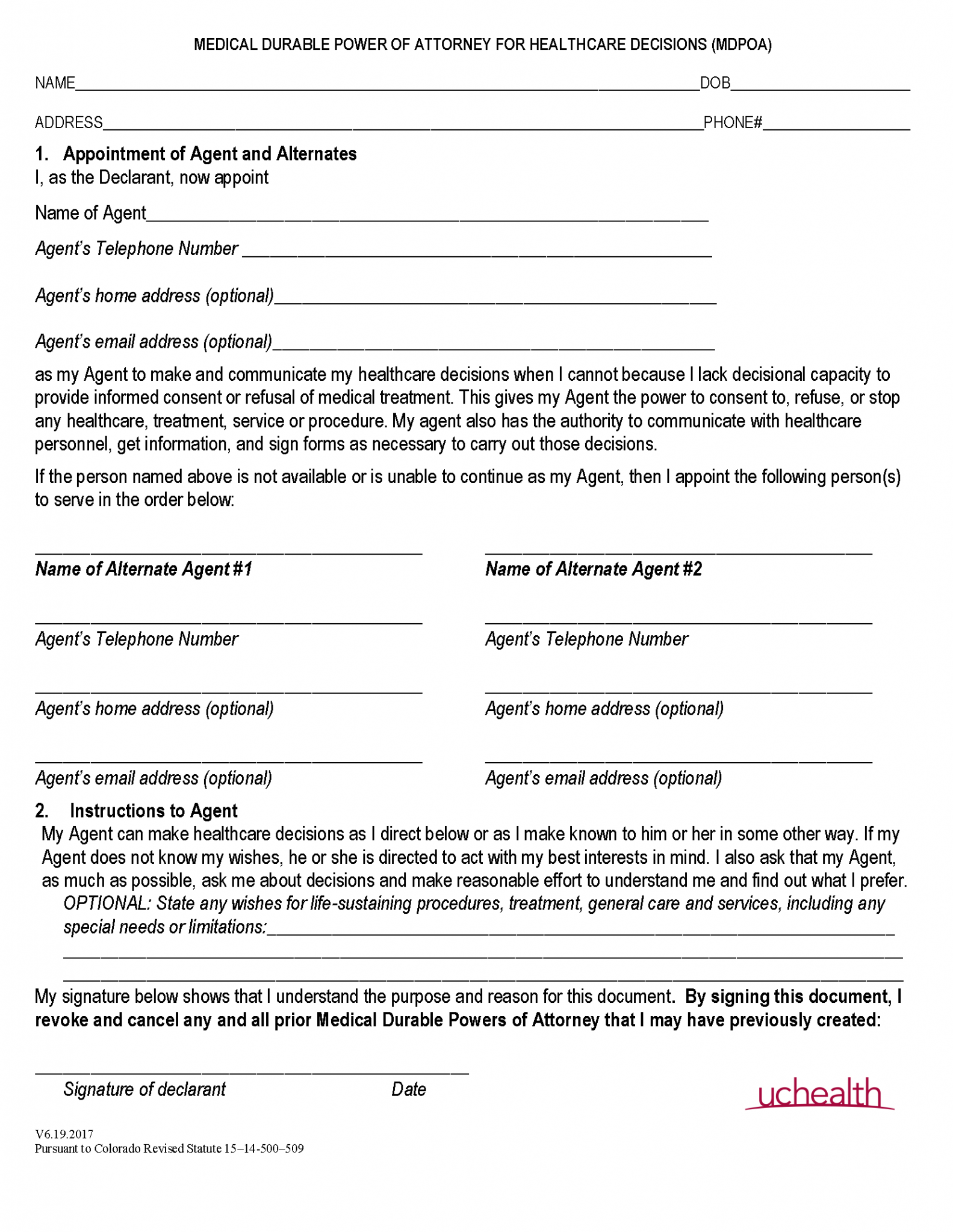 Free Colorado Advance Directive Form Medical Poa Living Will Pdf 1608