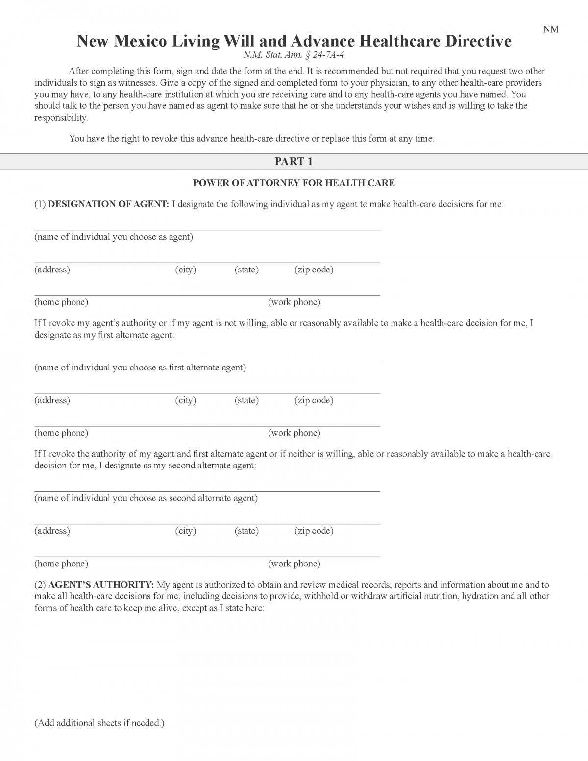 Free New Mexico Advance Directive Form (Medical POA + Living Will) | PDF