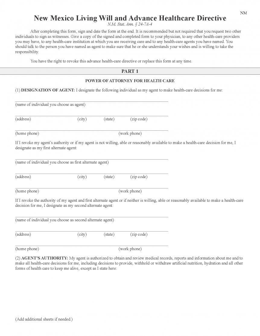 Free New Mexico Advance Directive Form (Medical POA + Living Will) PDF