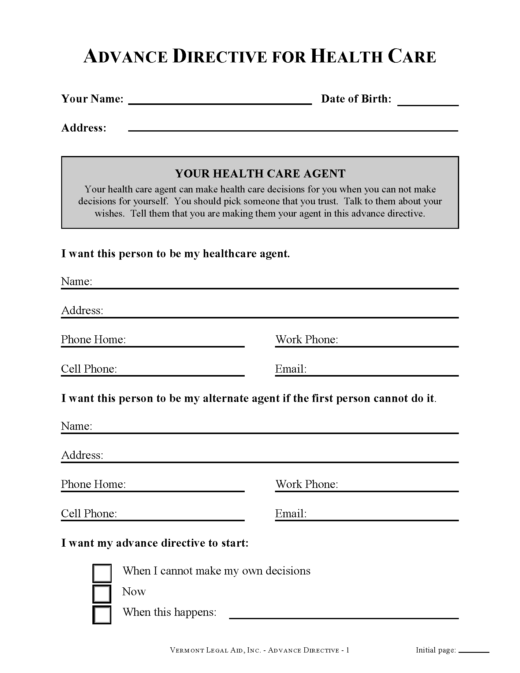 Free Vermont Advance Directive Form (Medical POA + Living Will) PDF