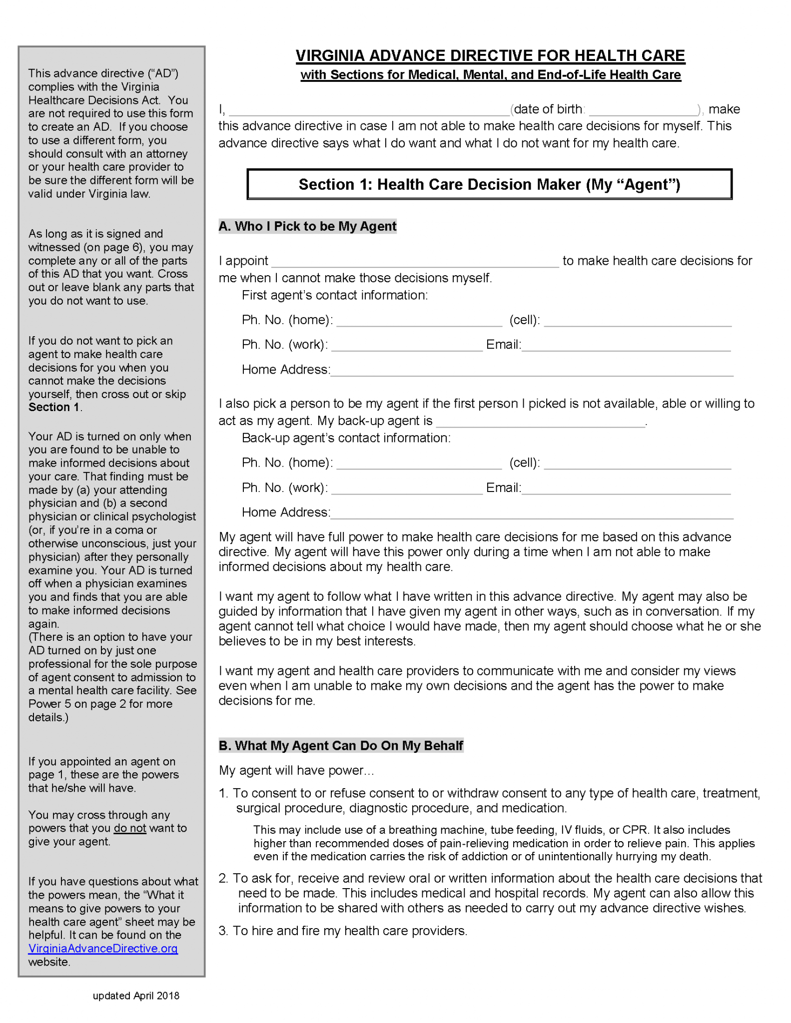 Free Virginia Advance Directive Form (Medical POA + Living Will) PDF