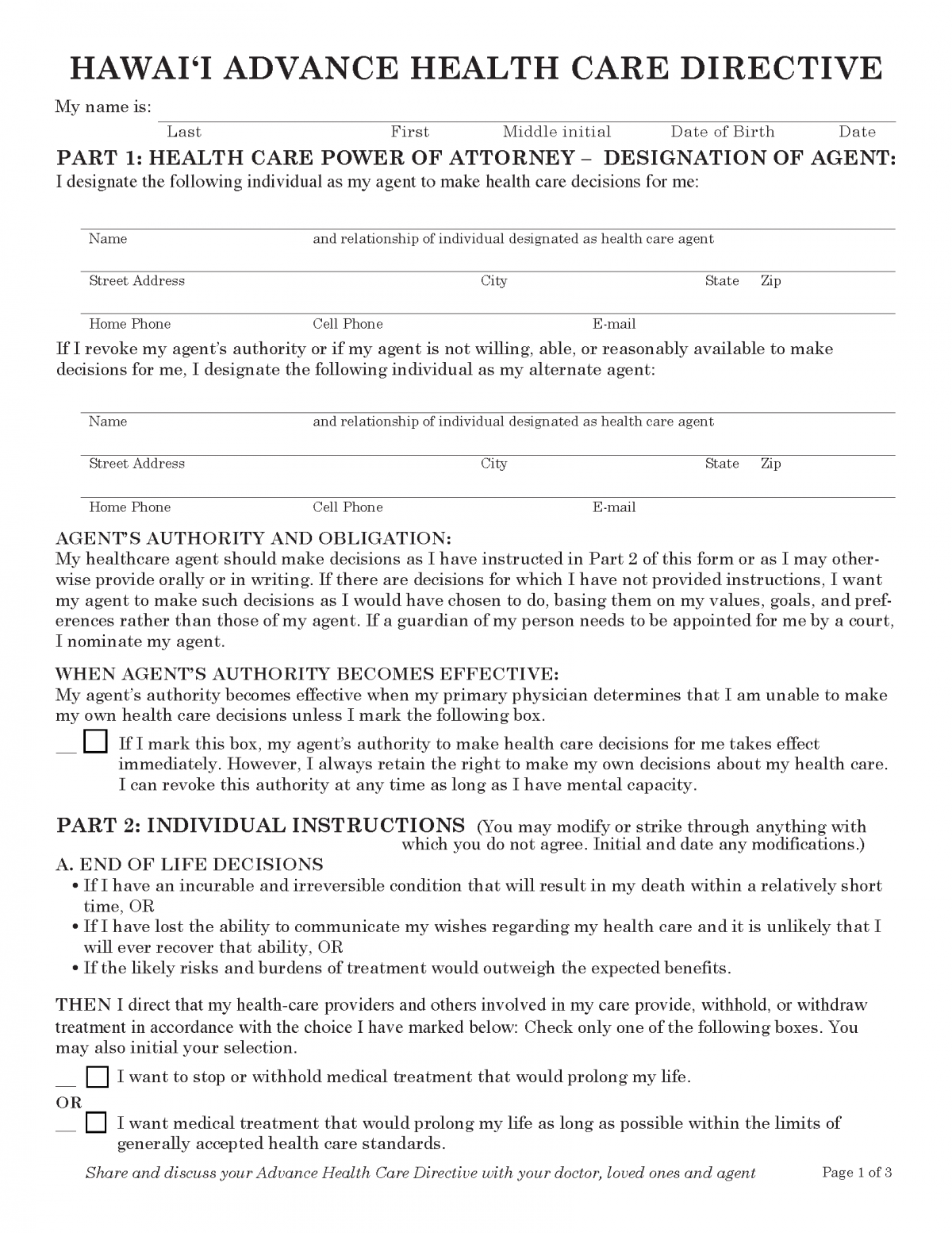 Free Hawaii Advance Directive Form (Medical POA + Living Will) PDF