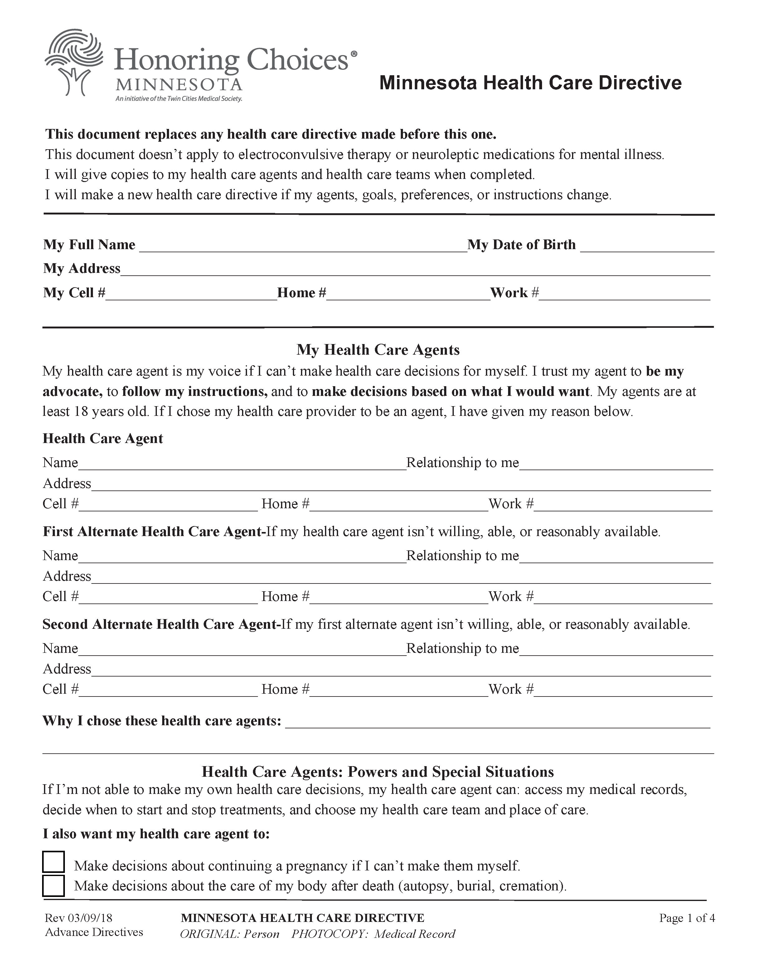 Free Printable Health Care Directive Form Mn