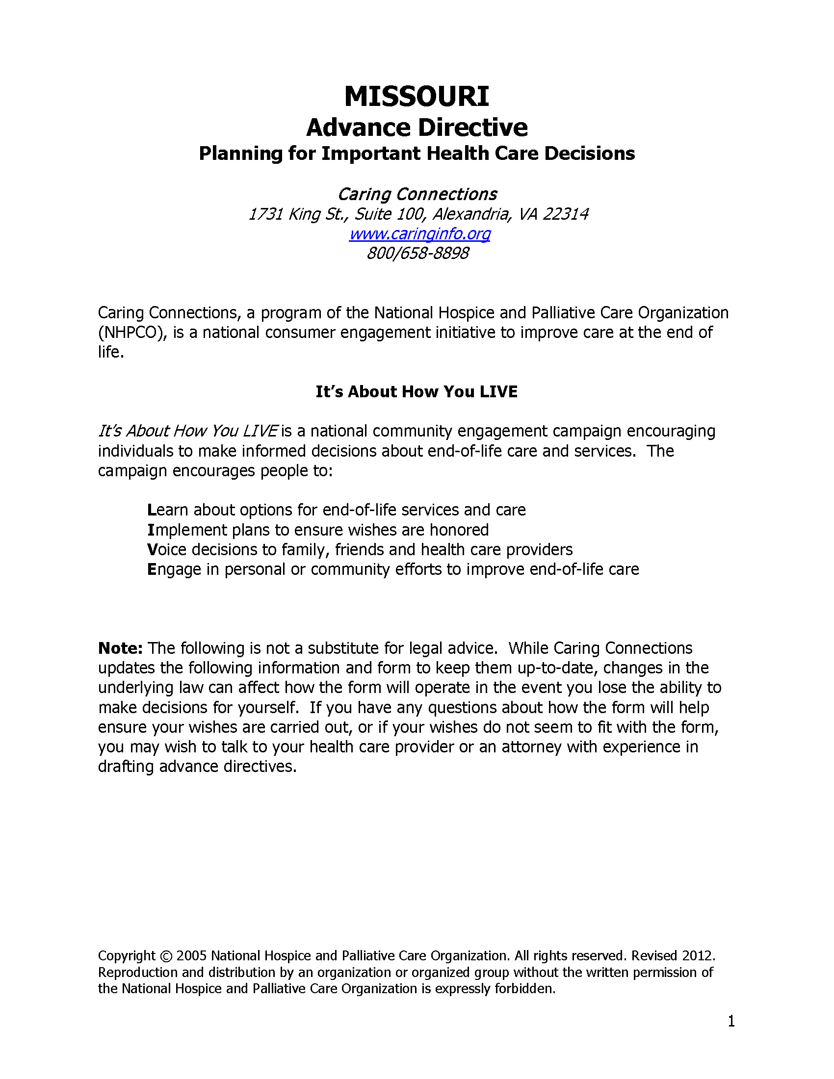 Free Missouri Advance Directive Form (Medical POA + Living Will) PDF