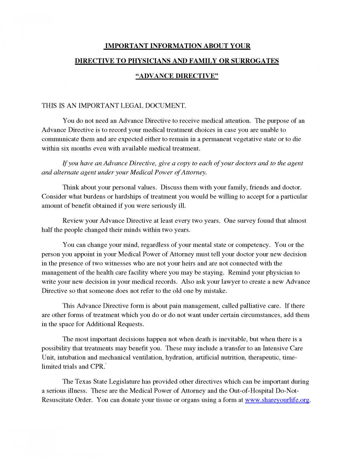 Free texas advance directive form medical poa living will pdf