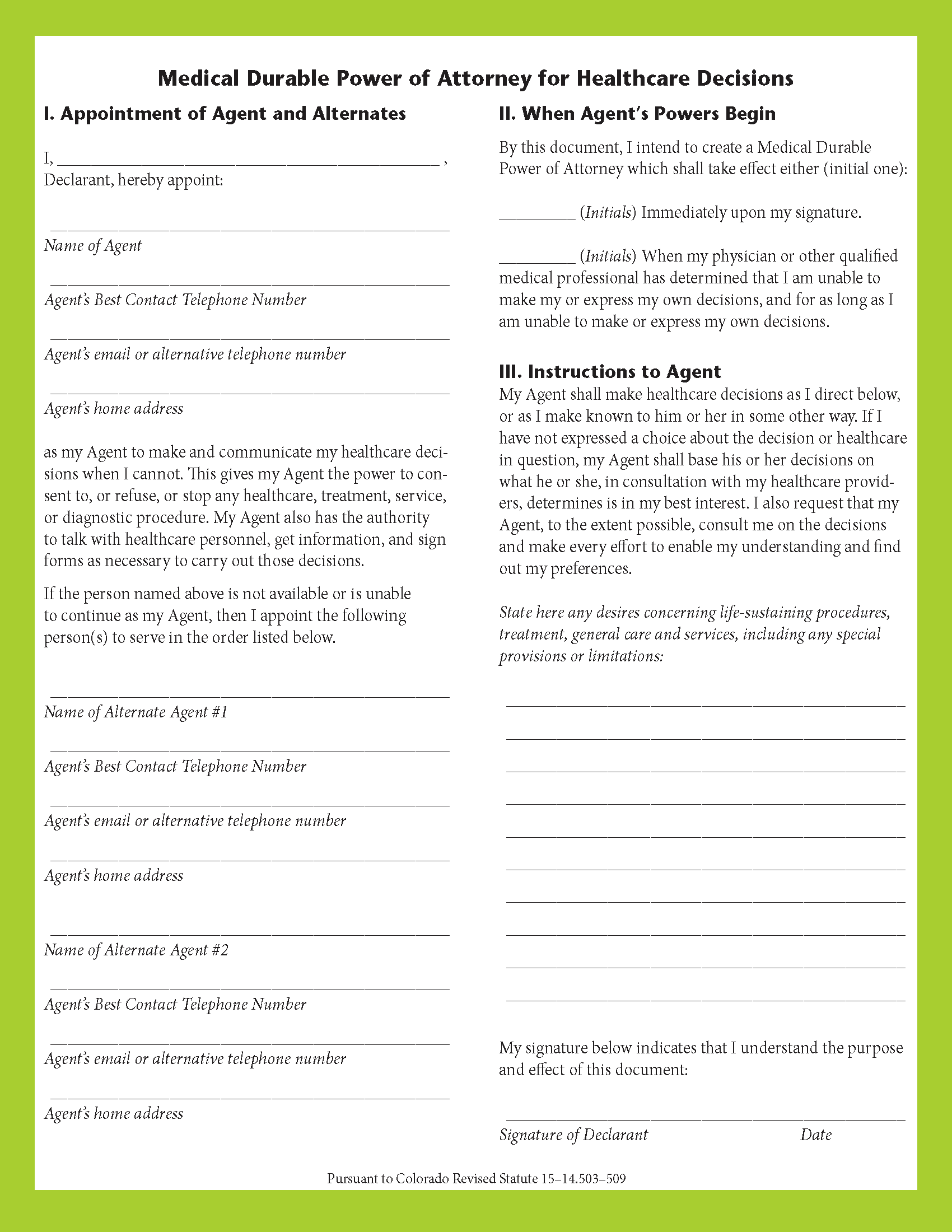 Free Colorado Advance Directive Form Medical POA Living Will PDF
