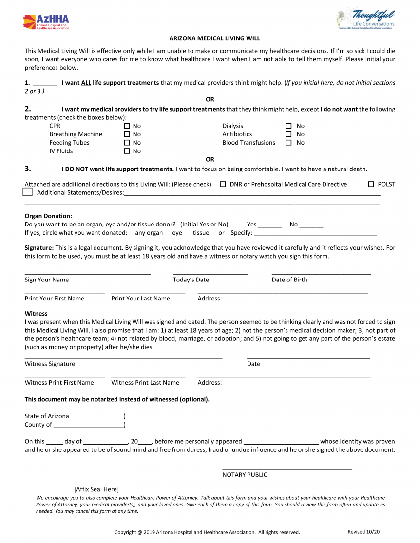 Free Arizona Advance Directive Living Will Medical POA PDF