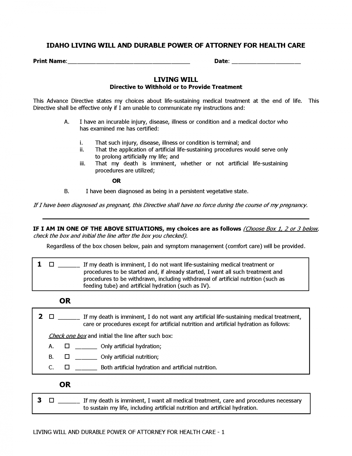 Free Idaho Advance Directive Form (Medical POA + Living Will) | PDF