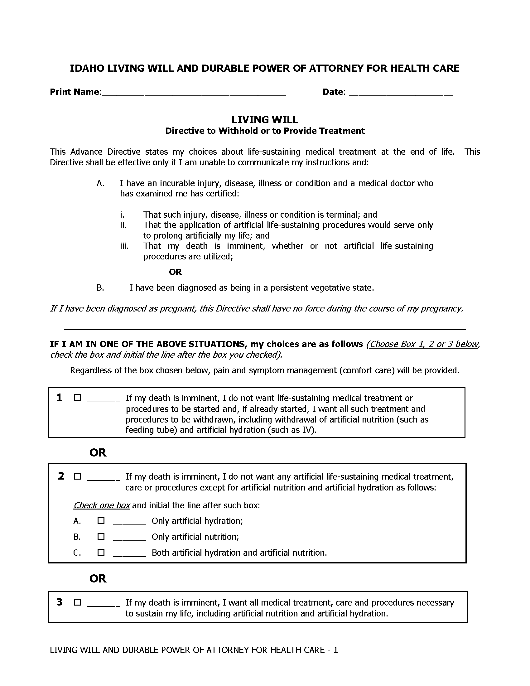 Free Idaho Advance Directive Form (Medical POA + Living Will) PDF