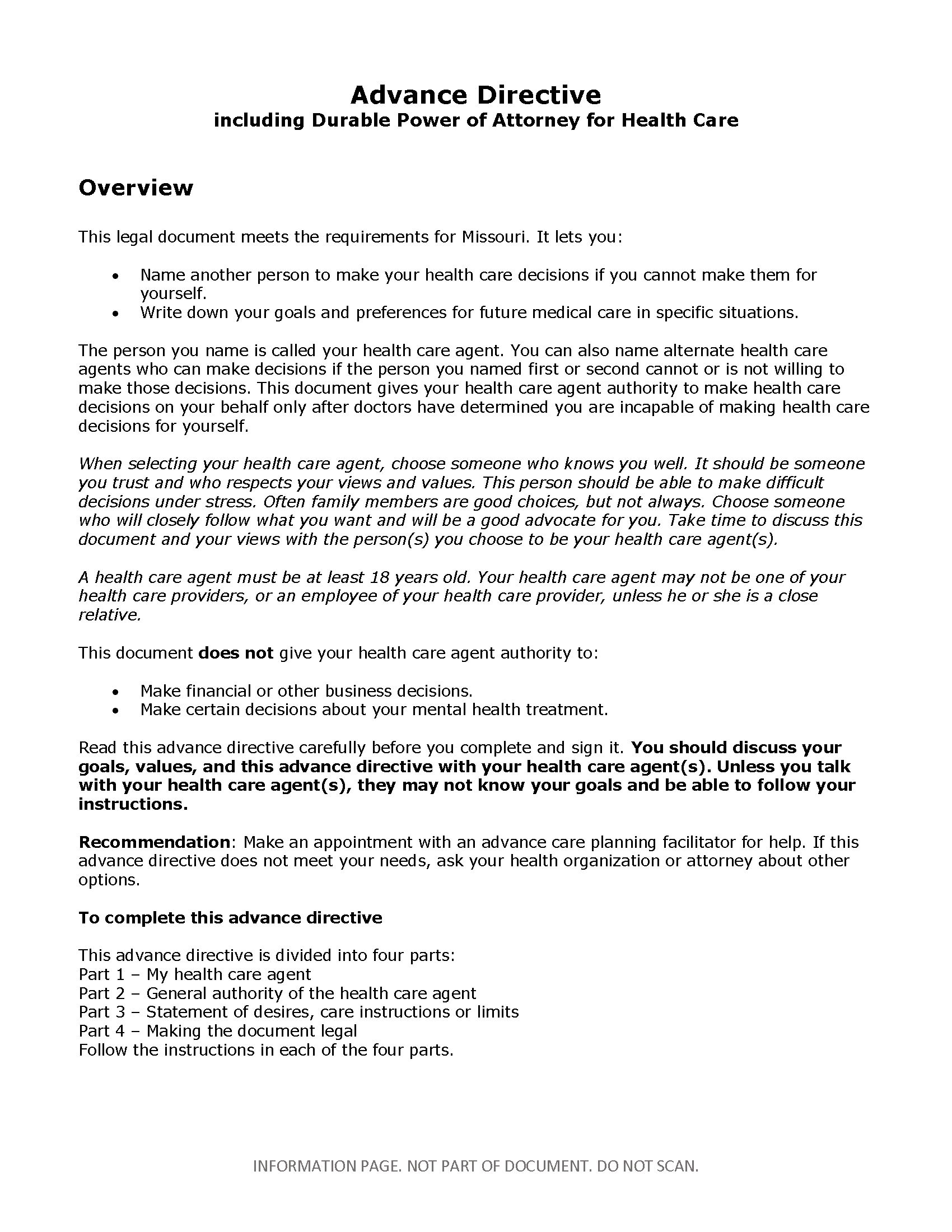 Free Missouri Advance Directive Form (Medical POA + Living Will) PDF