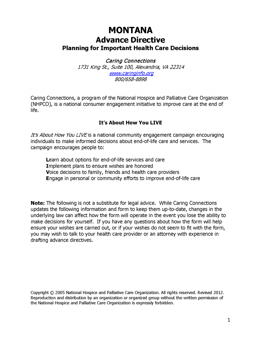 Mt Medical Status Form.pdf Free Montana Advance Directive Form (Medical POA + Living Will) | PDF
