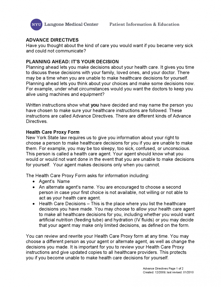 Free New York Advance Directive Form (Medical POA + Living Will) PDF