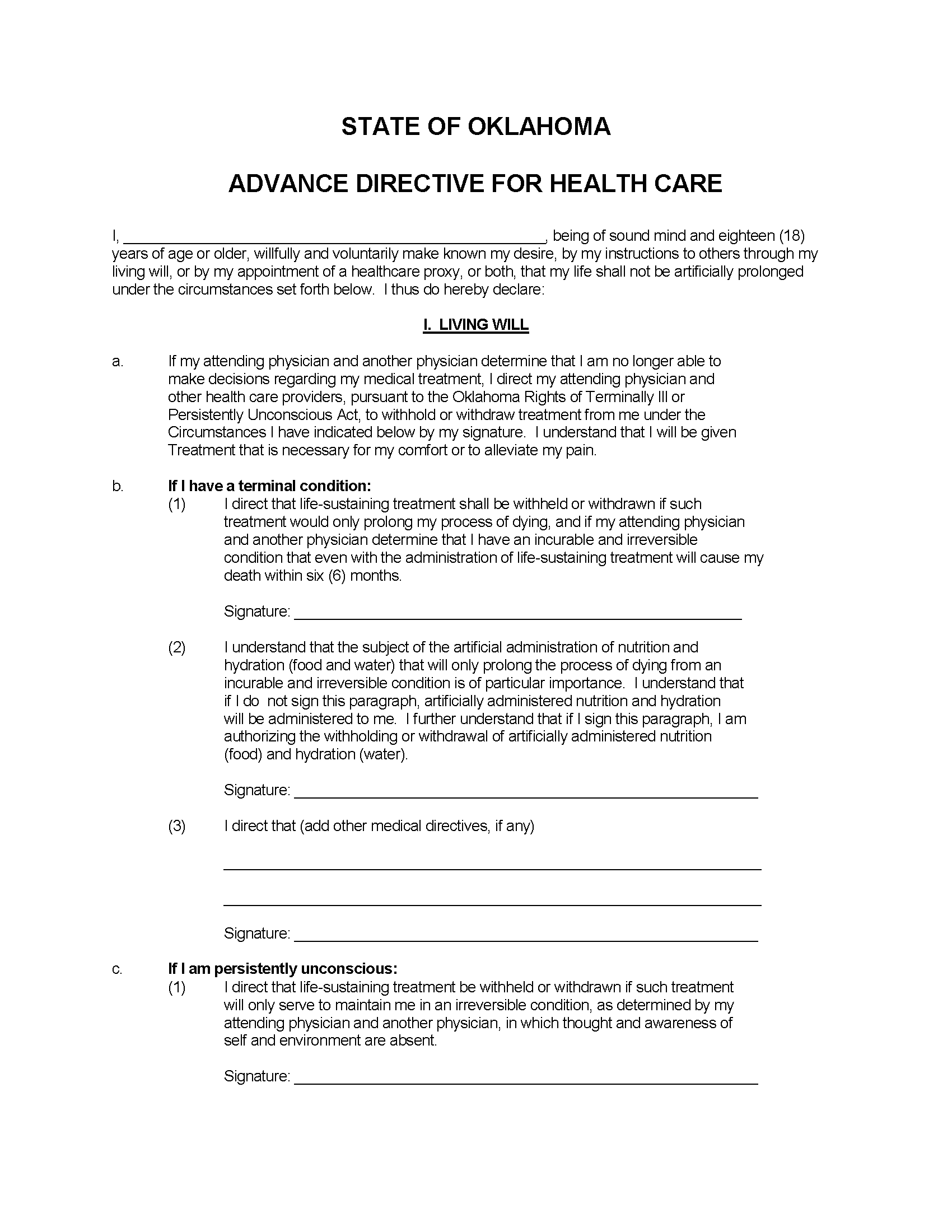 Free Oklahoma Advance Directive Form (Medical POA + Living Will) PDF